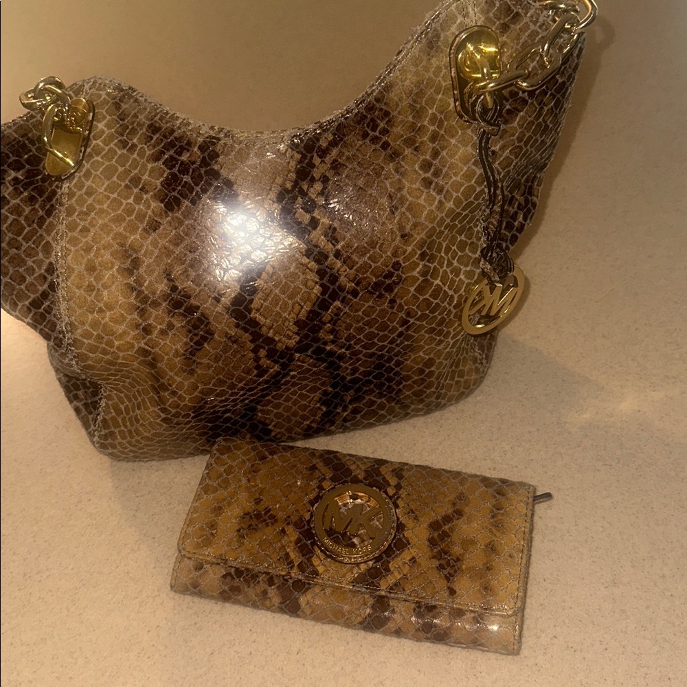 Michael Kors Brown Snakeskin Handbag with Gold Accents